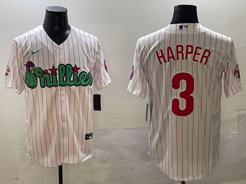 Men Philadelphia Phillies 3 Harper White Stripe Three generations Joint Name Game 2025 Nike MLB Jersey style 1